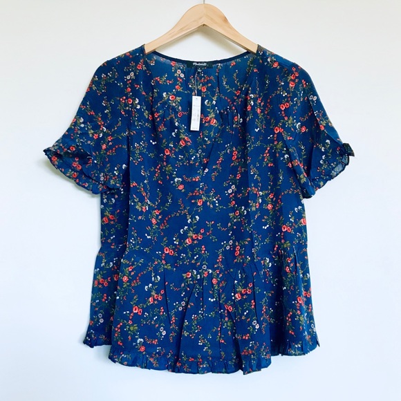 Madewell Silk Stanza Ruffle Hem Navy Blue Keyhole Floral Blouse Size Small - Picture 4 of 10